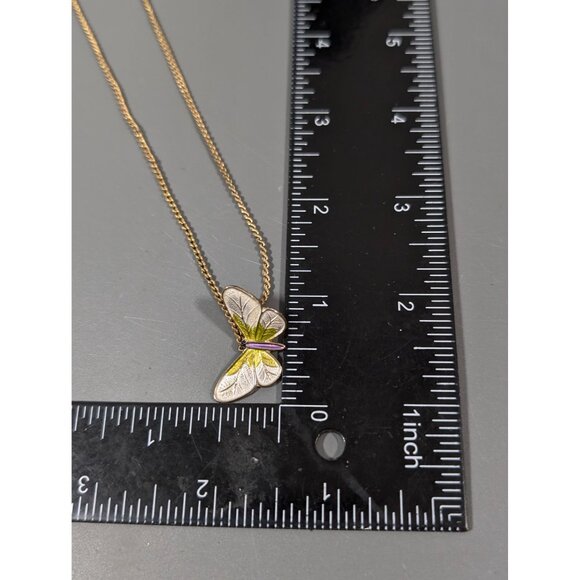 Vintage White Green Enamel Butterfly Pendant Necklace Gold tone 16" - Picture 9 of 9